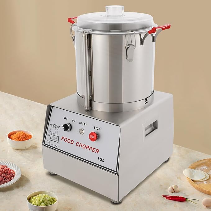 Commercial Food Processor 1400W 110V Electric Food Chopping Machine 15L/3.96Gal Stainless Steel Food Processor with Handles and Clear Lid for Restaurant Cafeteria, Silver