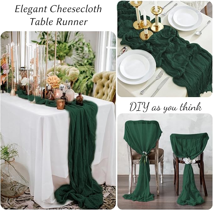12 Pack Emerald Green Table Runners 10FT Cheesecloth Table Runner 21x120 inch Boho Gauze Cheese Cloth Table Runner Rustic Sheer Table Runners for Party Wedding Bridal Baby Shower Christmas Table Decor