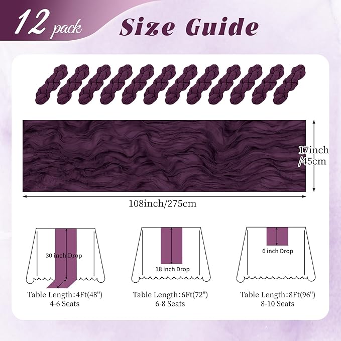 12 Pack Dark Purple Cheesecloth Table Runner 17x108 Inch Semi Sheer Boho Gauze Cheese Cloth Fabric Table Runners, for Wedding Party Baby Shower Birthday Home Decor Garden Farmhouse