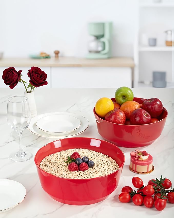 Hioasis 8 Pack Plastic Serving Bowls 128oz Red Plastic Bowls Heavy Duty Disposable Serving Bowls for Party Snack & Salad & Candy & Bar Buffet & Pool Party