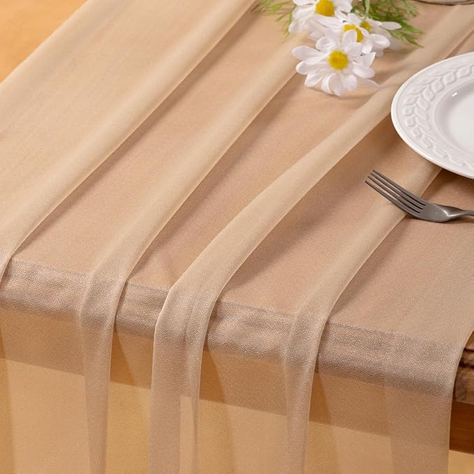 Socomi 4pcs Nude Gauze Table Runner Bulk 10ft Chiffon Like Wedding Table Runner for Bridal Shower Decorations Baby Shower