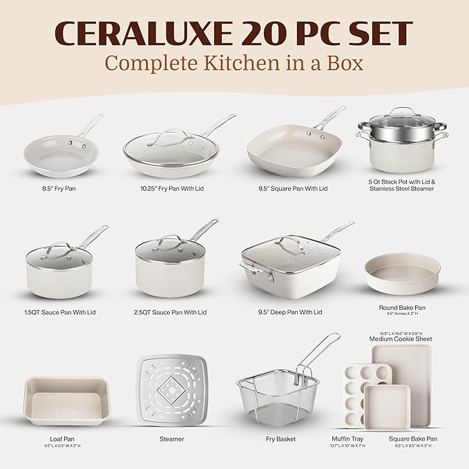 Granitestone 20 Pc Ceramic Cookware Set Nonstick, Complete Pots and Pans Set Non Stick for Kitchen with 5 Pc Bakeware Set, Deep Frying Pan Set, & Steamer, Non Toxic PFOA Free, Oven & Dishwasher Safe