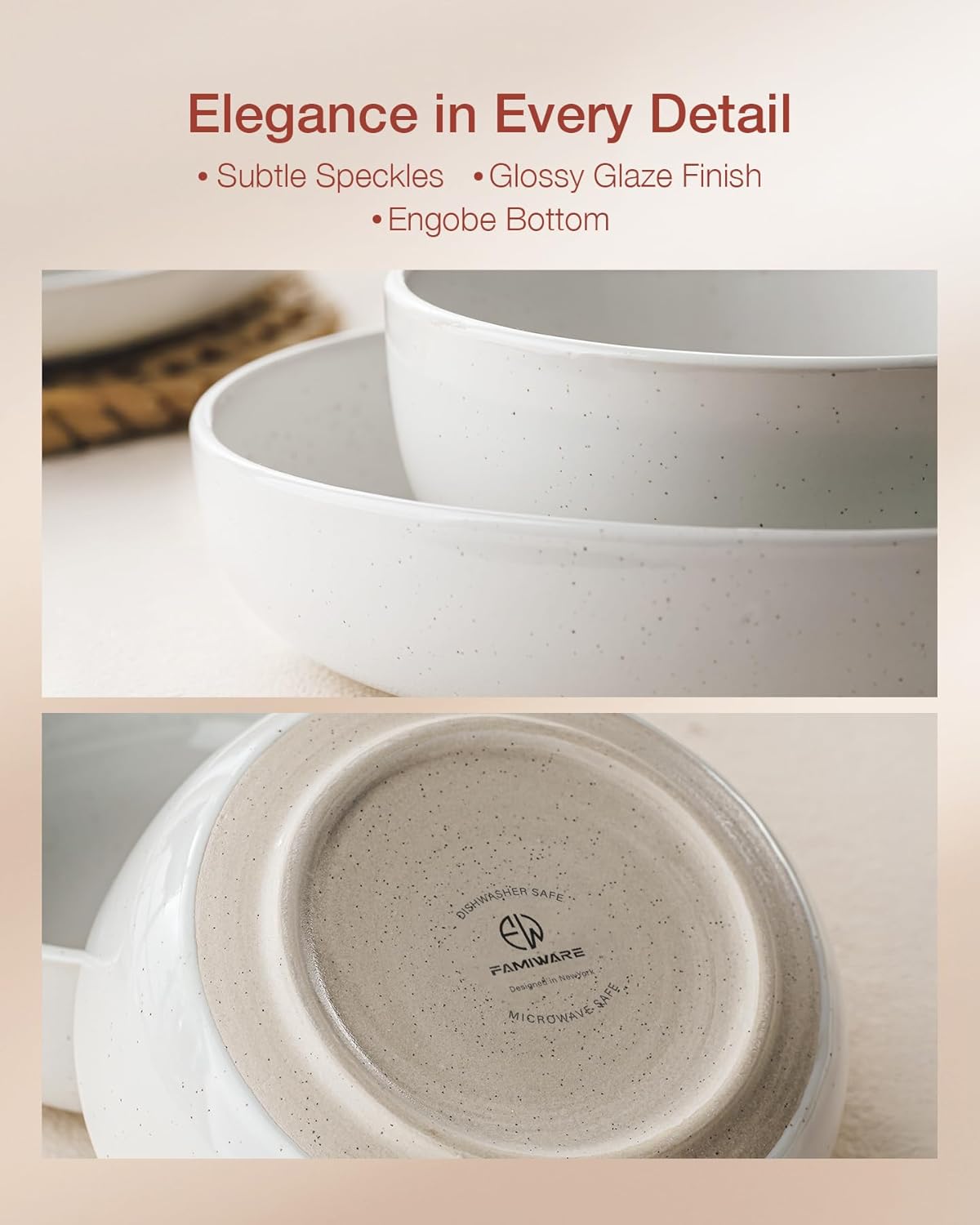 Famiware Milkyway Stoneware Dinnerware Sets with Pasta Bowls, Service for 4 (16 Pieces), Plates and Bowls Sets -Scratch Resistant, Microwave and Dishwasher Safe Dishes Set, White