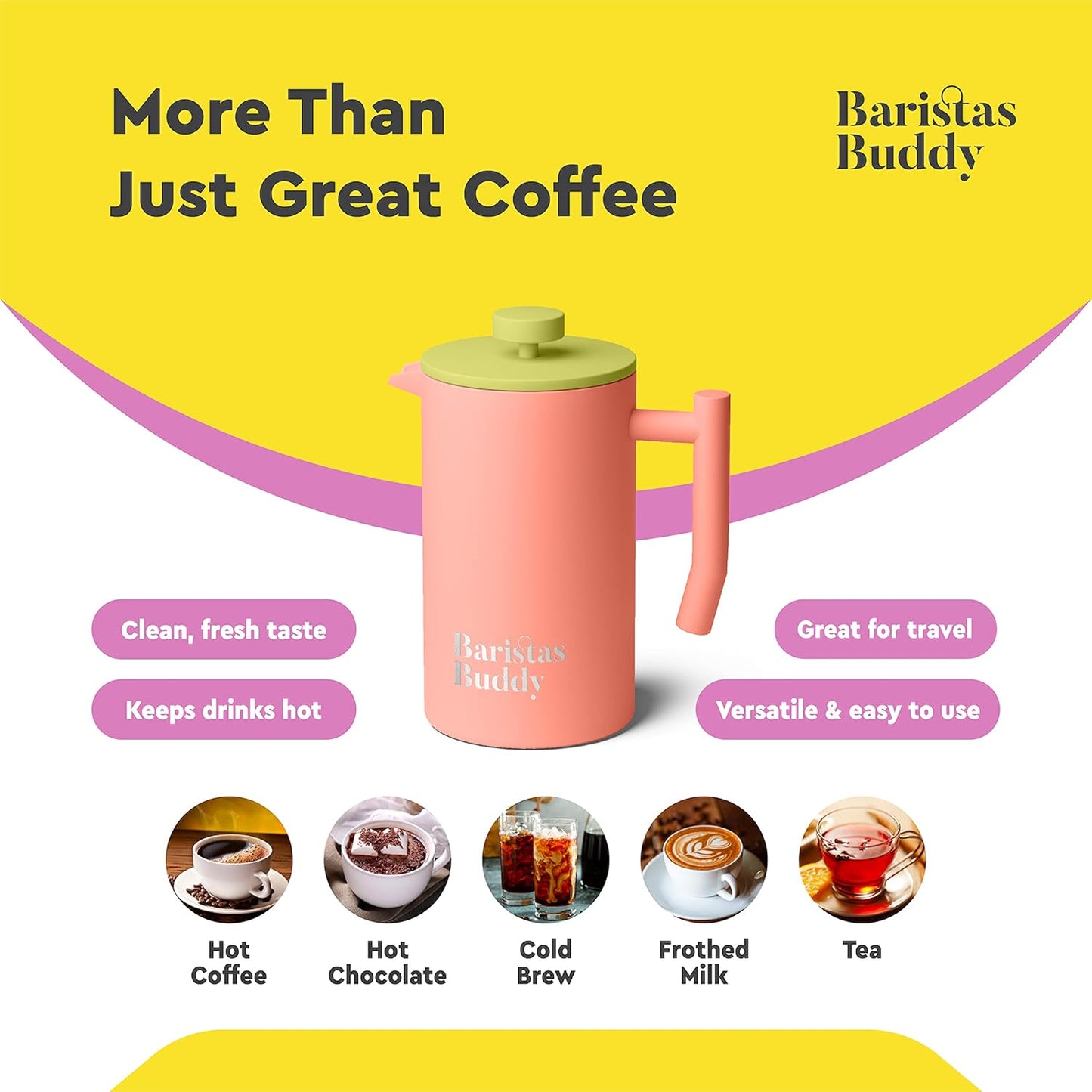 Cute Pink French Press Coffee Maker - Colorful, Retro And Stylish Insulated Coffee Brewer - Large Size Brews 4 Cups