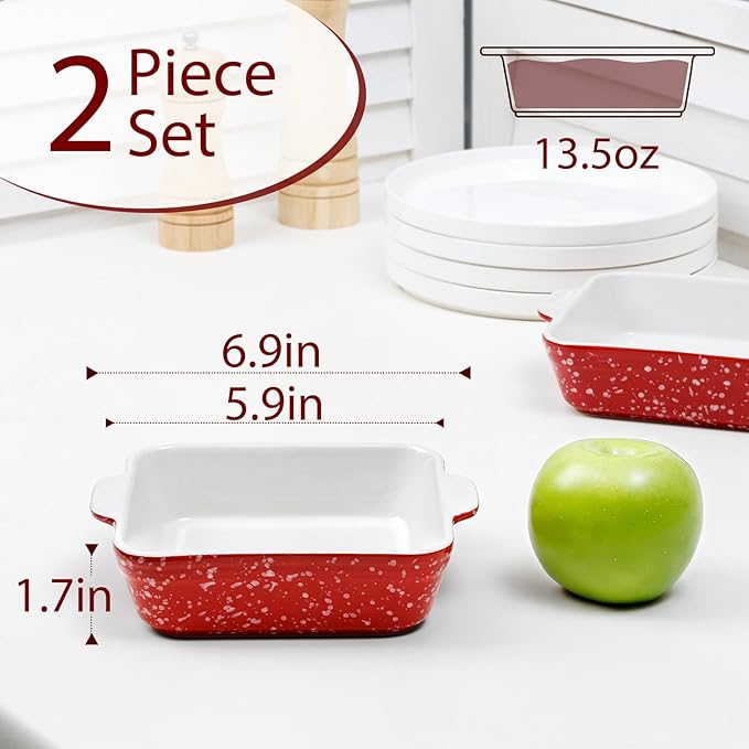 NUTRIUPS 13oz 5.9x5.9in Square Ceramic Baking Dish Set, 2-Pack Small Oven-Safe Baking Pan for Lasagna, Casserole - Bakeware for Baking & Serving (Red)