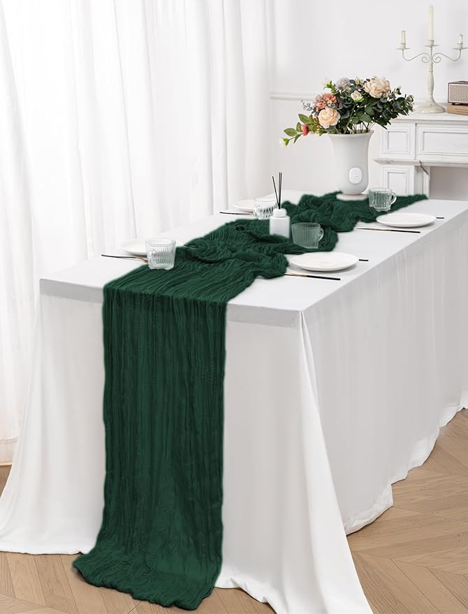 12 Pack Emerald Green Table Runners 10FT Cheesecloth Table Runner 21x120 inch Boho Gauze Cheese Cloth Table Runner Rustic Sheer Table Runners for Party Wedding Bridal Baby Shower Christmas Table Decor