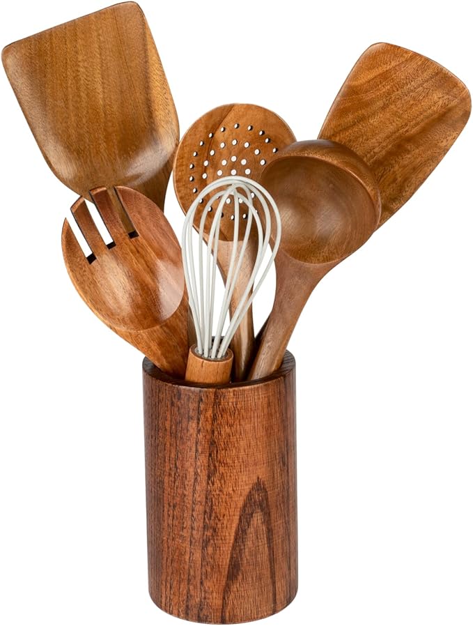 Wooden Utensils for Cooking, 7pcs Natural Acacia Wood kitchen utensils set with Holder For Cooking Utensil set Wooden Spoons Spurtle Spatula For Cooing Non-Stick Pan