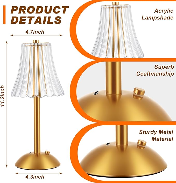 Liliful 8 Pcs Cordless Table Lamp Rechargeable Touch LED Small Gold Portable Battery Operated USB-c Desk Lamp 3 Color Dimmable for Bedroom Living Room Dining (Gold,Rose Style)