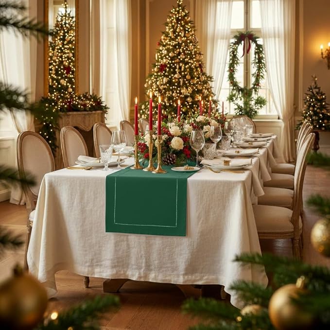 D'Moksha Homes Linen Forest Green Table Runner 120 Inches Long - 100% Pure Linen Hemstitch 14 x 120 Inch Table Runner for Dining, Winter, Christmas, Holiday, New Year - Classic Hemstitch