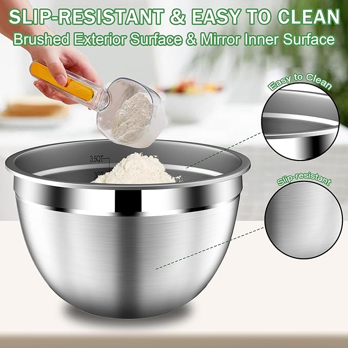 Mixing Bowls with Lids Set, Stainless Steel Mixing Bowl Set with Colander, Strainer with Bowls - Pistachio