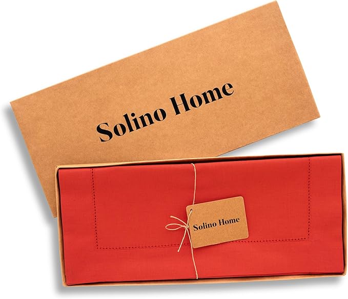 Solino Home Cotton Linen Table Runner 36 Inches - Poppy Red Hemstitch Table Runner 14 x 36 Inch Ideal for Dresser and Coffee Tables, Christmas, New Year