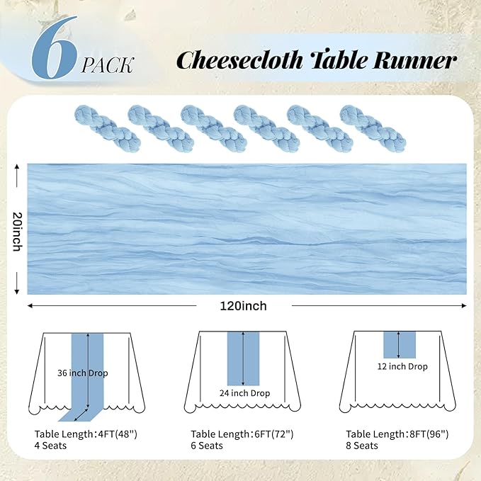 Aktor 6 Pack Baby Blue Cheesecloth Table Runner 10Ft Gauze Table Runner Boho Semi Sheer Cheese Cloth Fabric Runners for Wedding Birthday Baby Shower Party Table Decoration（Baby Blue）