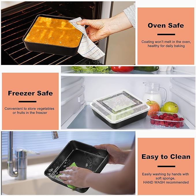 TeamFar 8 Inch Cake Pan, Square Cake Baking Tin & Lid Set, Stainless Steel Core & Nonstick Coating, for Baking Roasting Serving, Healthy & Sturdy, Easy to Release & Clean (2 Pans + 2 Lids)