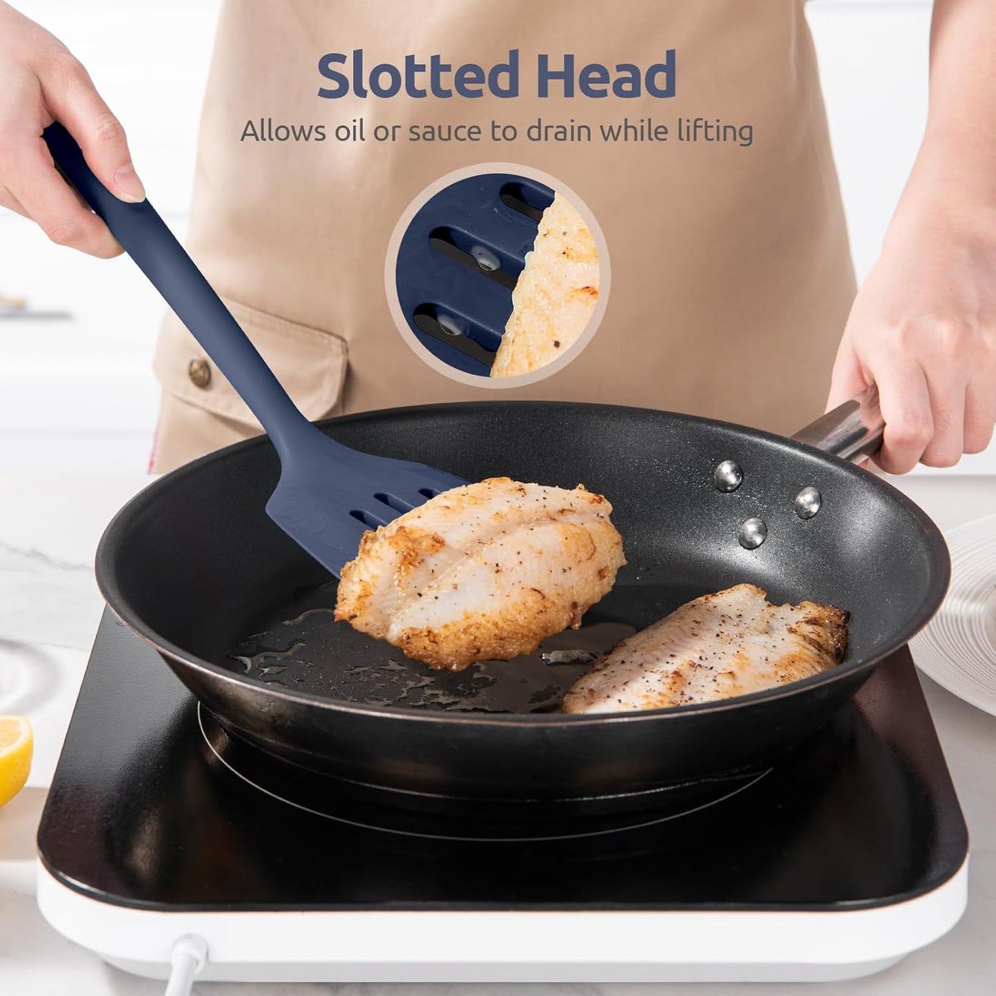 600ºF Heat Resistant Slotted Turner: U-Taste 13.6" Silicone Kitchen Spatula Flipper, 3.74in Wide Food Grade Flexible Rubber Cooking Utensil for Egg, Pancake, Cookie, Nonstick Cookware-Midnight Blue