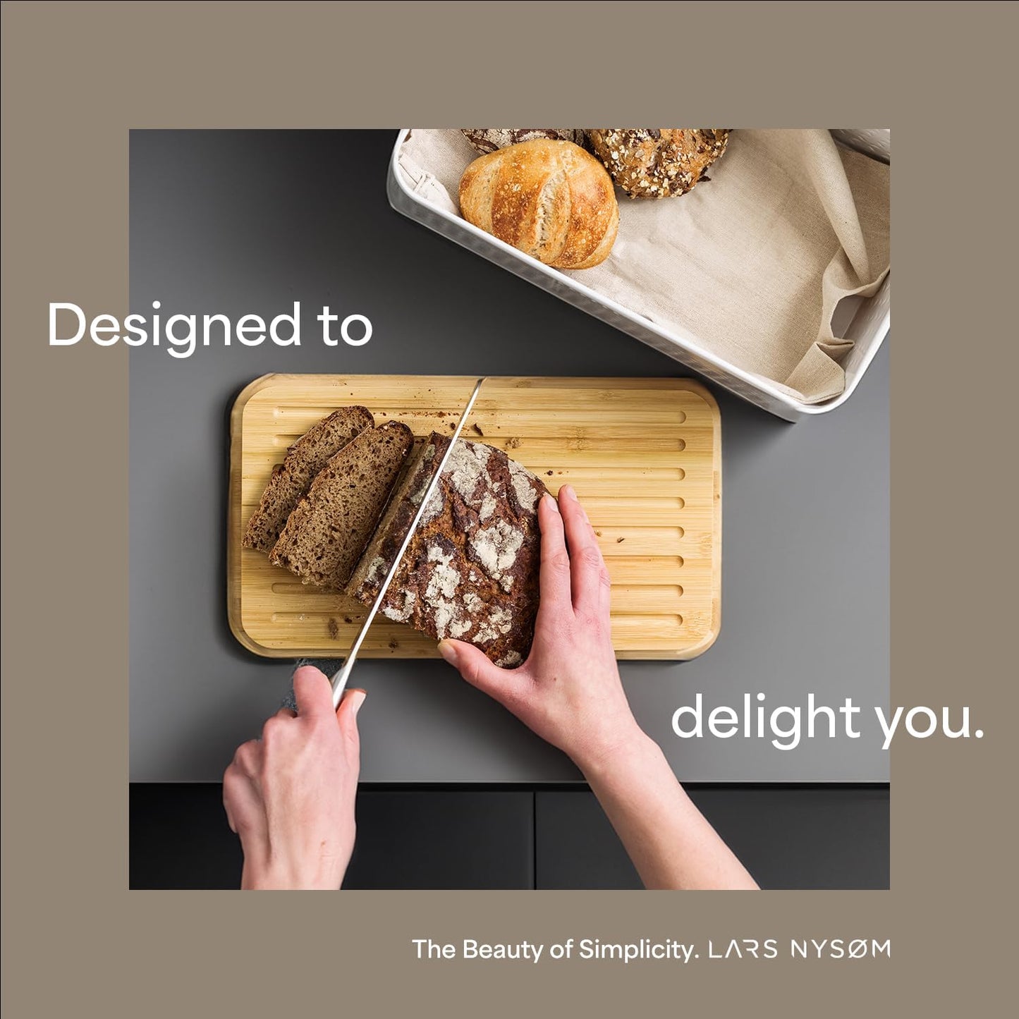 LARS NYSØM Bread Box I Metal Box with linen bag for long lasting freshness I Bread Bin with bamboo lid usable as cutting board I 13.4x7.3x5.3In (Midnight Blue)