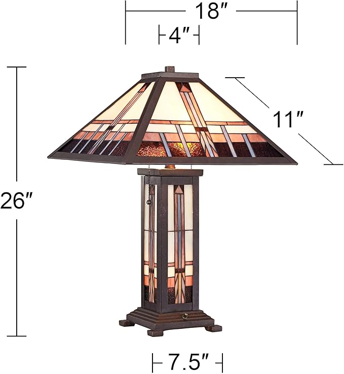Robert Louis Tiffany Alfred Mission Tiffany Style Table Lamp with Nightlight 26" High Bronze Metal Antique Stained Glass Shade Decor for Living Room Bedroom House Bedside Home (Color May Vary)