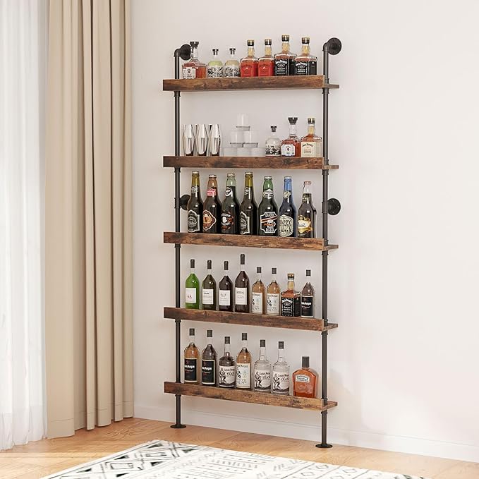 5-Tier Wall Mounted Wine Rack, Industrial Pipe Bar Shelf for Wine Bottle Storage, Industrial Pipe Shelves Shelf Shelving for Home Bar Dining Room Kitchen (31.5" W x 79" H x 8.6" D)
