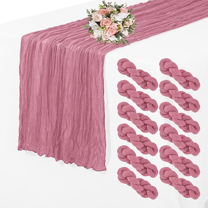 12 Pack Cheesecloth Table Runner 35 x 70 inch Long Boho Cheese Cloth Gauze Table Runners Semi Sheer Table Runner for Wedding Decor, Bridal Shower, Birthday Party (Dusty Rose)