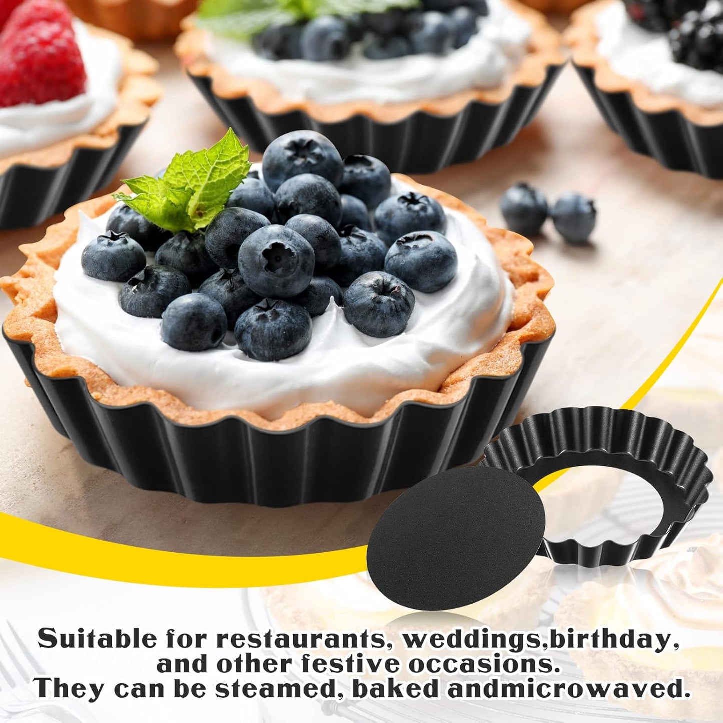 Tessco 16 Pieces Mini Tart Pans with Removable Bottom Nonstick Quiche Mini Pie Tart Pans Bakeware Mold Fluted Side for Pies(Black Round,5 Inch)