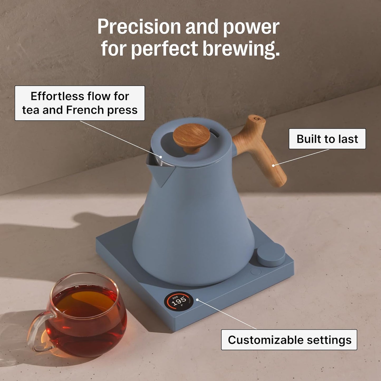 Fellow Corvo EKG Pro Electric Tea Kettle - Quick Heating, Precise Temperature Control Electric Kettle, Scheduling, Built-in Brew Timer for Boiling Water - Hazy Blue with Maple Handle - 0.9 Liter