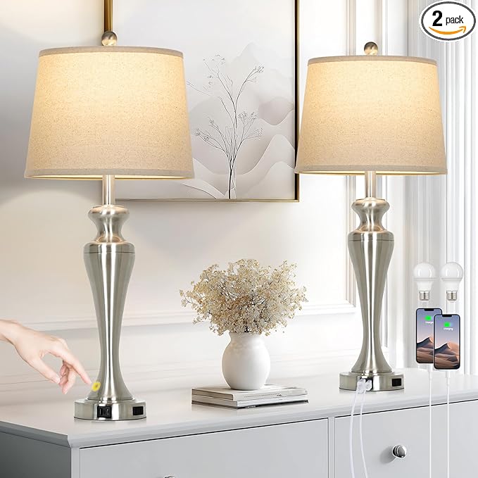30" Silver Table Lamps Set of 2, 3-Way Dimmable Touch Bedside Lamp with USB A+C Ports and AC Outlet, Tall Living Room Lamps for Side Table, Modern Brushed Nickel Bedroom Lamp for Nightstand