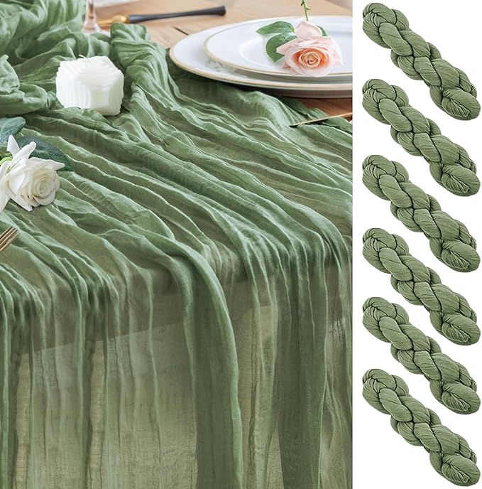 Wokceer Cheesecloth Table Runner 6Pack 10FT Sage Green Boho Gauze Fall Christmas Cheese Cloth Table Runner for Party Long Rustic Sheer Table Runners for Baby Bridal Shower Wedding Easter Table
