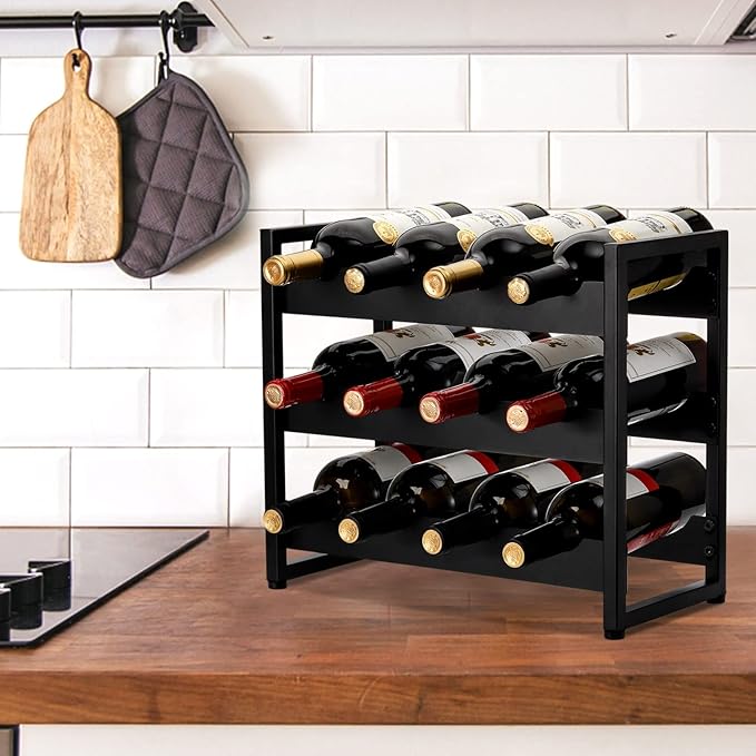 AVLA 12 Bottles Wine Rack Countertop, Freestanding 3 Tier Wine Holder, Liquor Display Storage Organizer Stand, Free Standing Floor Wine Cabinet Shelf for Kitchen Wine Cellar Tabletop Bar Dining Room