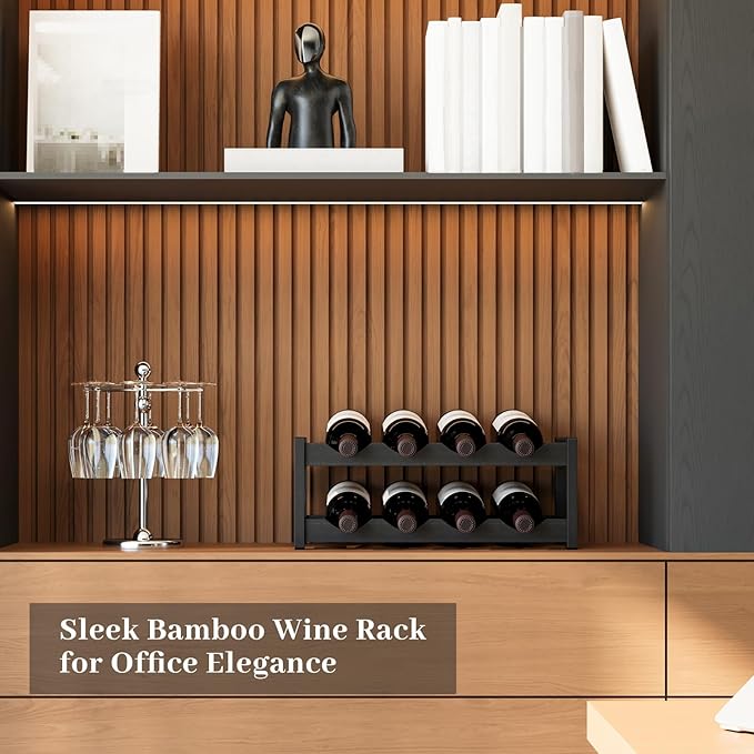 Wine Rack，Bamboo Wine Storage Cabinet Shelf，Countertop Wine Shelf- Freestanding Wine Holder for Kitchen & Pantry (Black, 2-Tier)