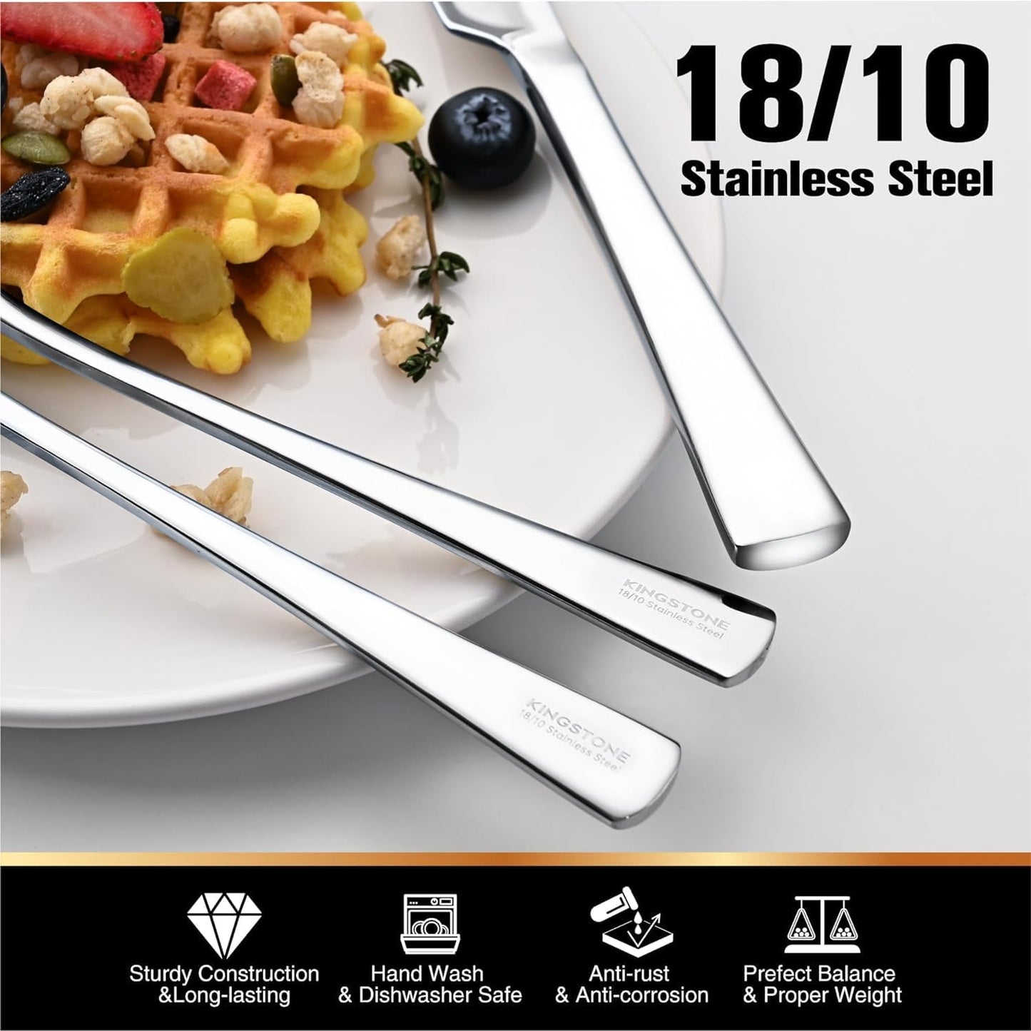 KINGSTONE Silverware Set for 8, 45-Piece Forged 18/10 Stainless Steel Flatware Set with Serving Utensils, Mirror Finish Cutlery Set Dishwasher Safe for Home, Restaurant, Wedding, Party