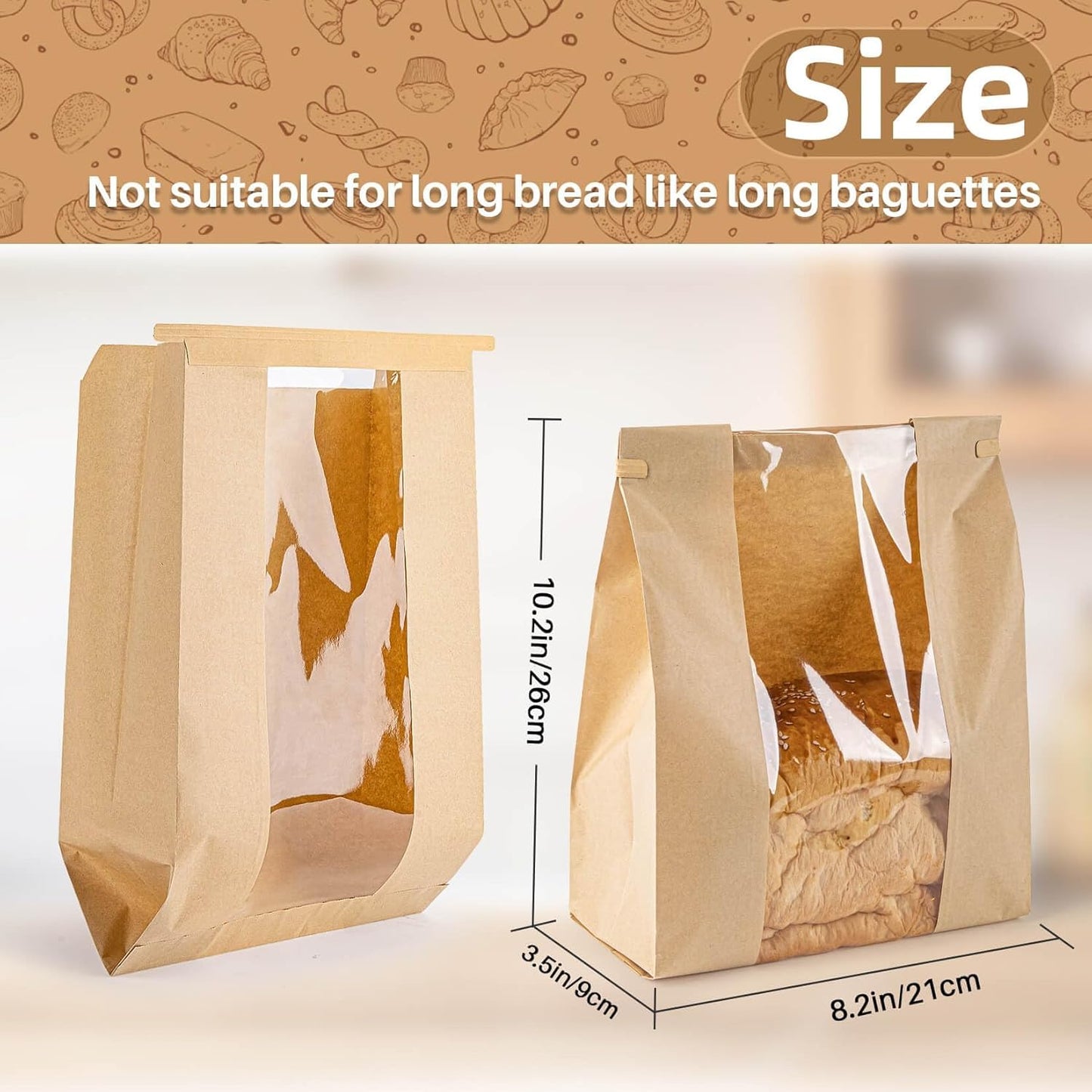 24 Bread Bags with Reusable Ties - Homemade Sourdough Bread Storage Bags Brown Paper Bagel Loaf Bakery Bags with Window Toast Bags with Resealable Ties Disposable Baked Goods Sale Packaging