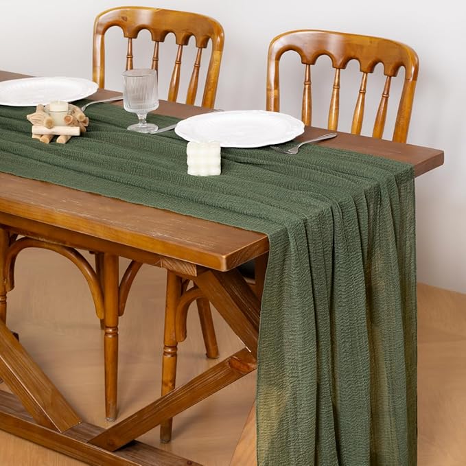 Socomi Green Cheesecloth Table Runner Olive Fall Thanksgiving Gauze 120 Inch Rustic Boho Cheese Cloth Runner for Wedding Party Baby Bridal Shower Centerpiece Decoration Holiday Home Decorations