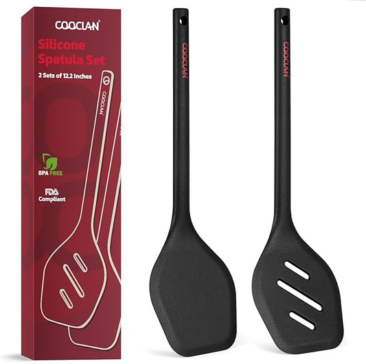 Pack of 2 Silicone Spatula Turner Set, Heat Resistant BPA-Free Silicone Kitchen Spatula Set for Non-Stick Pans, One-Piece Design Solid & Slotted Turner Ideal for Flipping Eggs, Pancakes, Black