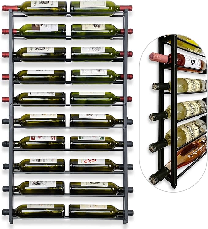FLstudio Wall Mount Wine Rack: 20 Bottle Wall Wine Rack - Large Wine Storage Organizer Display Holder, Black Metal Wine Bottle Shelf for Bar, Kitchen, Cellar, Dining Room