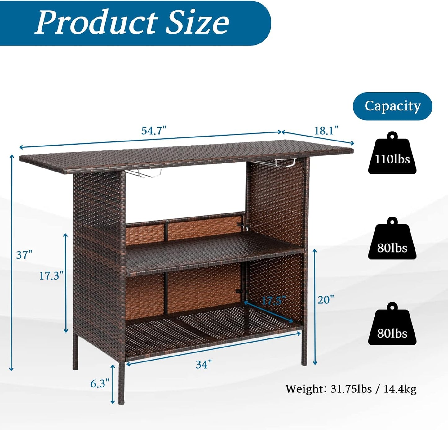 Outvita Outdoor Bar Counter Table, Patio Wicker bar Table with 2 Layer Shelves and Wine Racks for Poolside, Backyard, Garden, Porches Brown