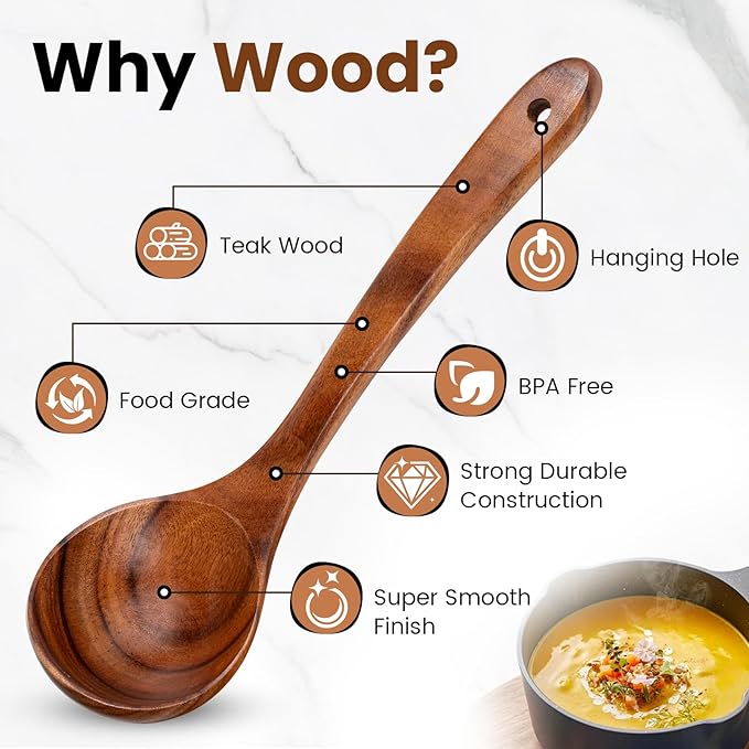 Wooden Spoons for Cooking – 6 Pcs Teak Wood Utensil Set, Durable, Nonstick Safe & Heat Resistant with Ergonomic Handles - Unique Kitchen Gifts for Women Men, Cooking Gifts for Men Women