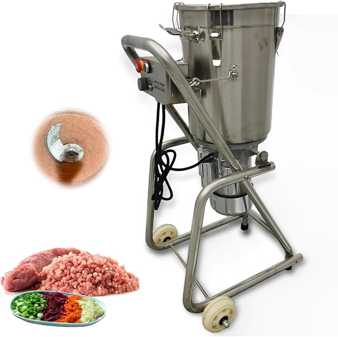 32L Commercial Food Processor, 1800W Stainless Steel Meat Grinder, Vegetable Cutter, Blender, Chopper with 2 Mobile Wheels Tiltable Bucket, for Fruits, Ginger, Garlic, Meat