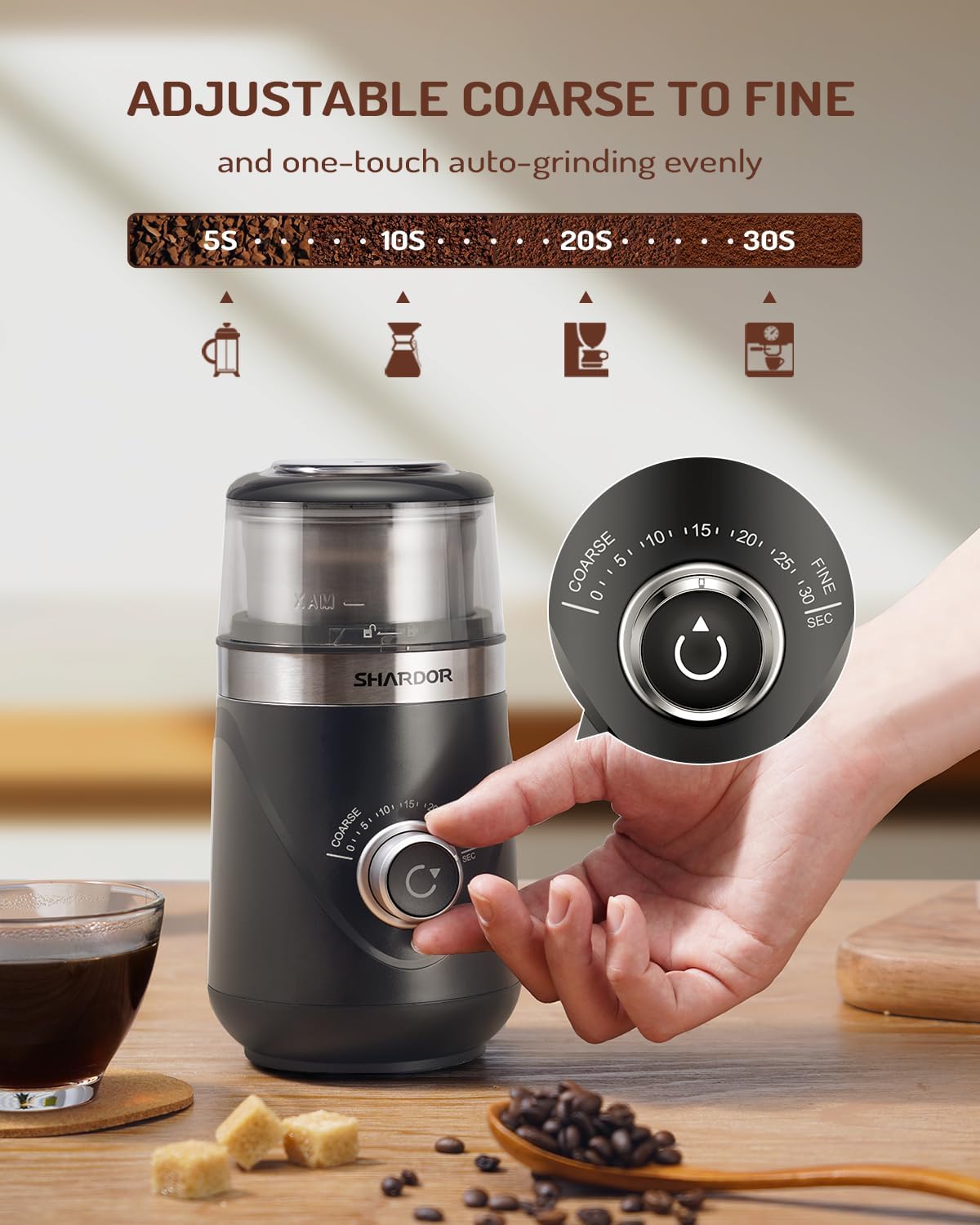 SHARDOR Adjustable Coffee Bean Grinder Electric, Herb/Spice, Espresso Grinder with 1 Removable Stainless Steel Bowl, Matte Black