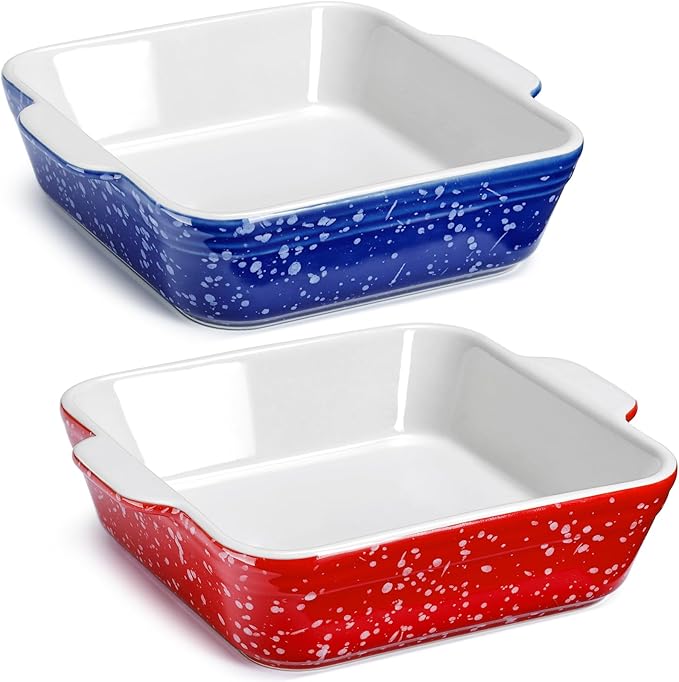 NUTRIUPS 13oz 5.9x5.9in Square Ceramic Baking Dish Set, 2-Pack Small Oven-Safe Baking Pan for Lasagna, Casserole - Bakeware for Baking & Serving (Red&Blue)