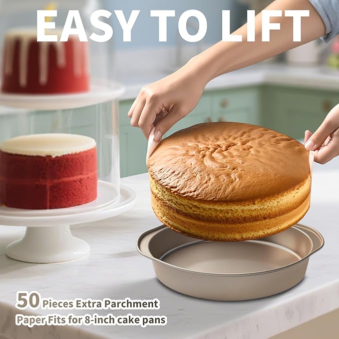 8-Inch Cake Pan Set of 3, Nonstick Round Baking Pans with 50PCS Parchment Papers, Durable Birthday Circle Pan with Handle for Multi-Layer Cakes, Dishwasher Safe