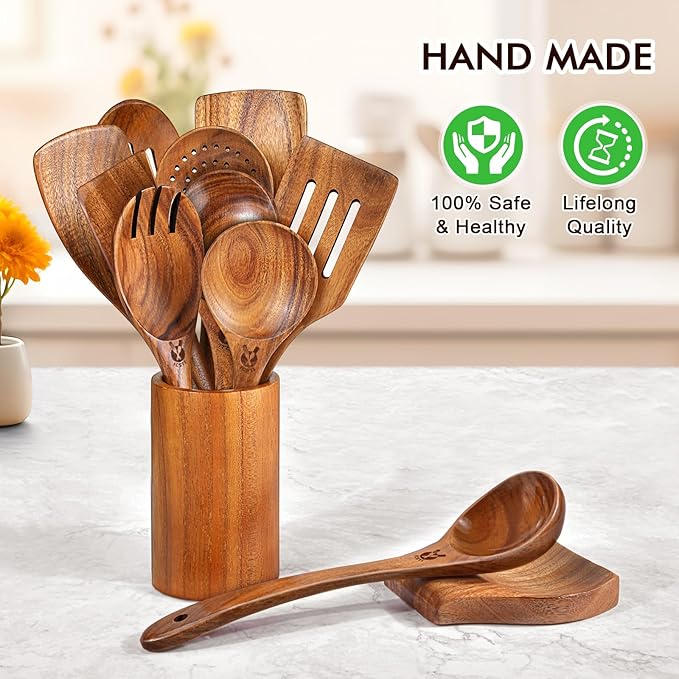 12 Pcs Teak Wooden Utensil Set with Holder & Spoon Rest, Wooden Spoons for Cooking with Comfort Grip, Wooden Cooking Utensils Set for Nonstick Cookware, Lightweight & Heat Resistant Kitchen Utensils