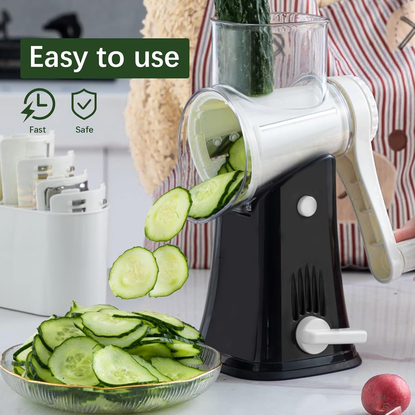 Rotary Cheese Grater, 5 in 1 Rotary Grater, Replaceable Stainless Blades Cheese Shredder, Cheese Slicer, Cheese Grater Hand Crank, Easy to Clean Kitchen Gadgets with Storage Box
