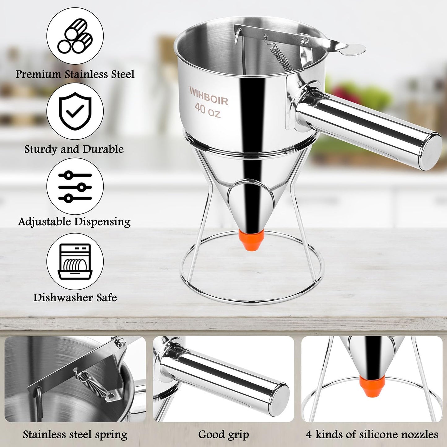 Stainless Steel Pancake Batter Dispenser with Squeeze Handle and Multi-Nozzle, for Pancakes, Cupcakes, and Baked Goods. 40 oz