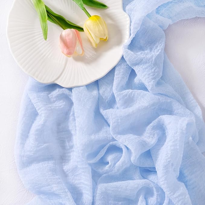 Socomi 3pcs Blue Fall Thanksgiving Gauze Cheesecloth Table Runner 120 Inch Rustic Boho Cheese Cloth Runner for Wedding Party Baby Bridal Shower Centerpiece Decoration Holiday Home Decorations