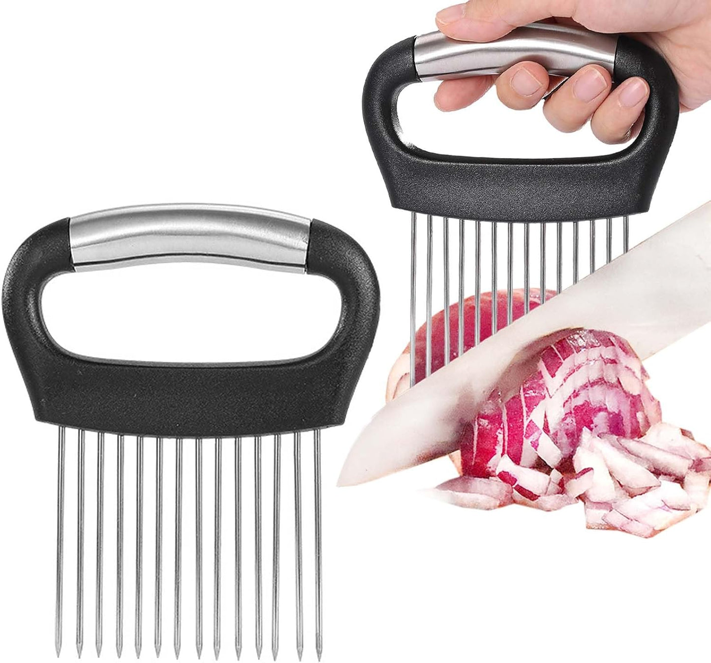 JAYVAR Large Onion Holder for Slicing, Large Onion Cutter Vegetable Chopper, Stainless Steel Tomato Slicer for Potato Lemon, Practical Meat Tenderizer Tool, Kitchen Food Slicer Guide for Neat Slicing
