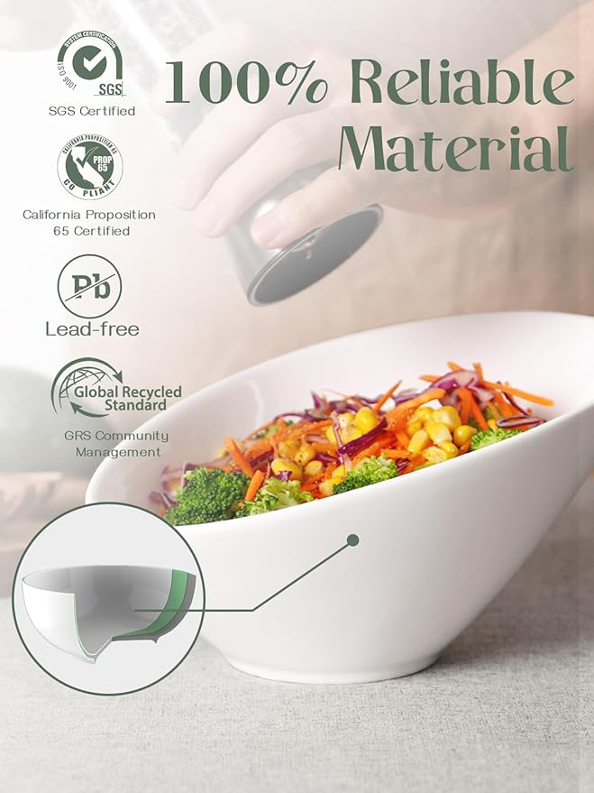 DOWAN 23 OZ Slanted Salad Bowls of 2 Packs - 9.5" Angled Serving Bowls for Salad, Fruit, Snacks - Ceramic White Bowls for Restaurant, Daily Use - Dishwasher & Microwave Safe