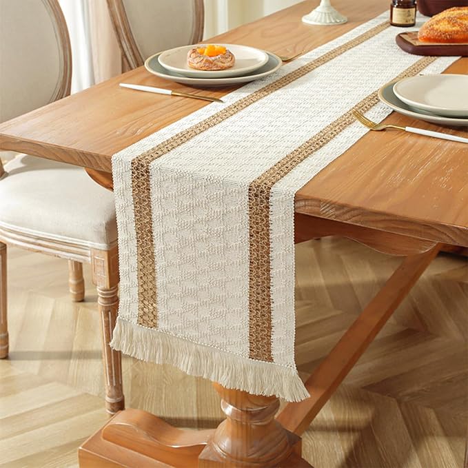 Niviy Boho Table Runners 120 Inches Long Farmhouse Macrame Table Runner Cotton Linen Woven Table Runners for Spring Dining Table Home Decor, Beige & Brown
