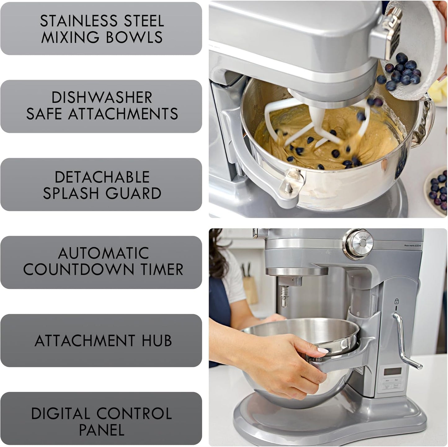 Kenmore Elite Heavy-Duty 6 Qt Bowl-Lift Stand Mixer, 600 Watts, with Flat Beater, Wire Whisk, Dough Hook, Stainless Steel Bowls, LED Light, Digital Countdown Timer, Metallic Grey