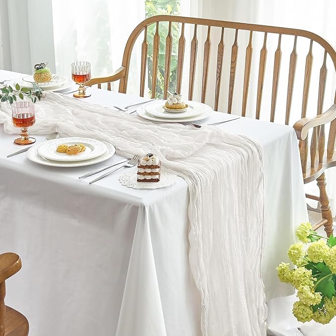 IVAPUPU 4 Pcs Cheesecloth Table Runner - 10ft Ivory White Boho Gauze Cheese Cloth Table Runners for Baby Shower Decoration Wedding Party Summer Garden Farmhouse