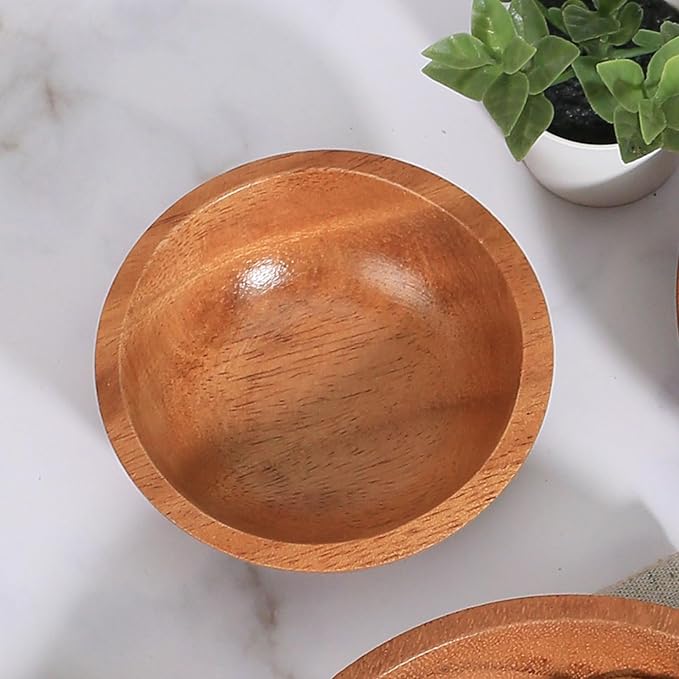 Acacia Wooden Bowls, 4 Inch Handcrafted Wood Serving Bowls Set of 2 for Sauce/Dips/Condiments, Mini Farmhouse Side Dishes with Natural Textured for Charcuterie Board/Appetizers