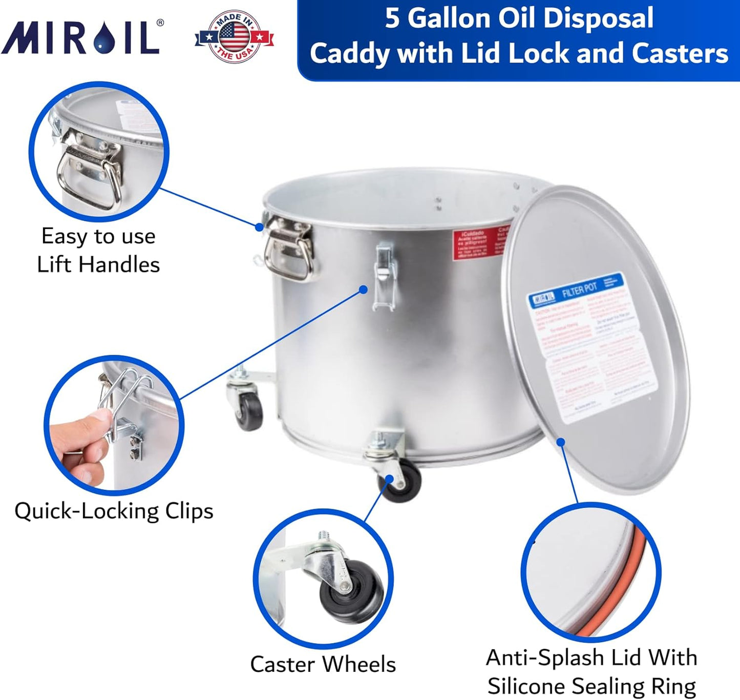 MirOil 5 Gallon Oil Disposal Caddy with Caster Wheels, USA Made Deep Fryer Grease Bucket Pot with Lid Lock &Lock Clips, 35lb Frying Oil Disposal Storage Container, Filtering Hot Cooking Grease - #40LC